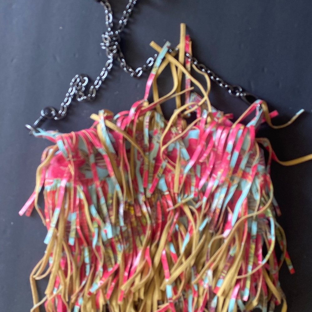 Madden Girl Multicolor Fringe Halter Top - Pink, Turquoise & Mustard